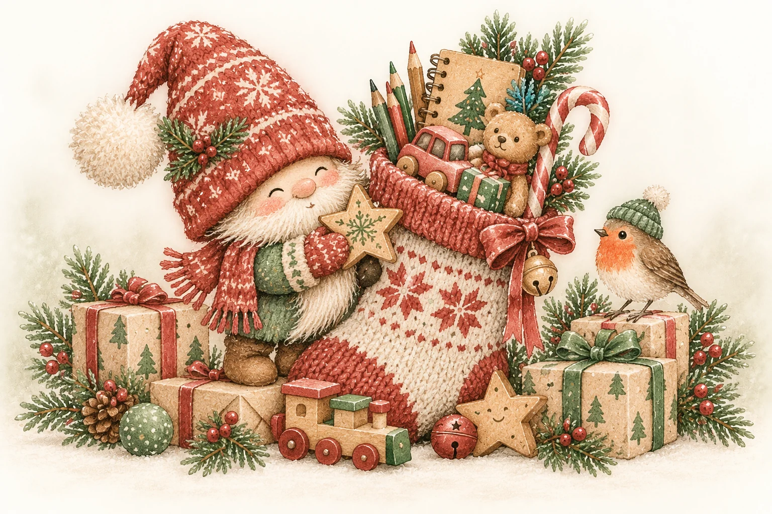 Watercolor illustration of a Christmas gnome with an overflowing stocking full of toys and surprises