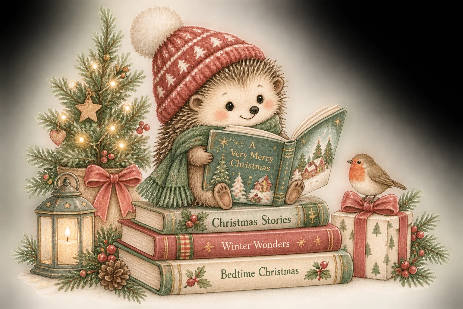 Watercolor illustration of a hedgehog in a red knit hat reading a Christmas storybook, sitting on a stack of holiday books beside a tiny tree and lantern