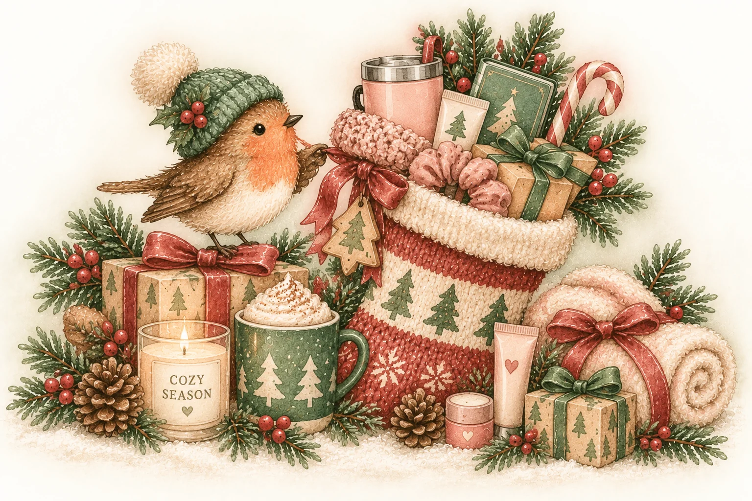 Watercolor illustration of a cozy Christmas stocking with a robin and self-care gifts