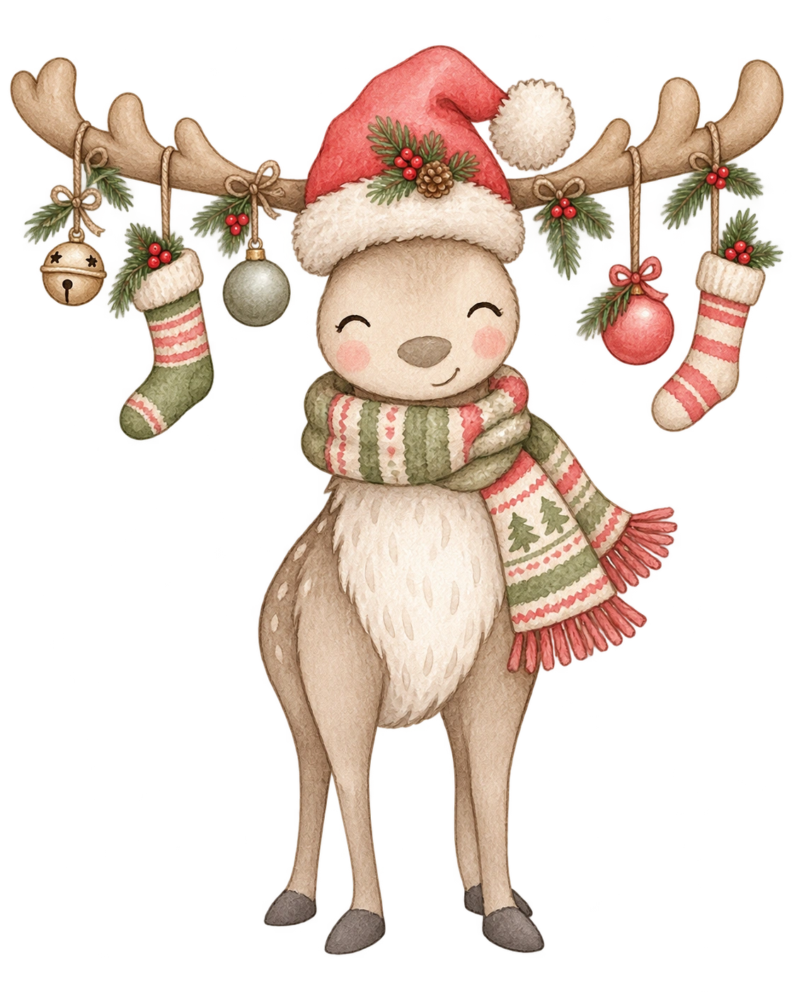 Watercolor illustration of a smiling reindeer in a Santa hat and striped scarf, with stockings and ornaments hanging from its antlers
