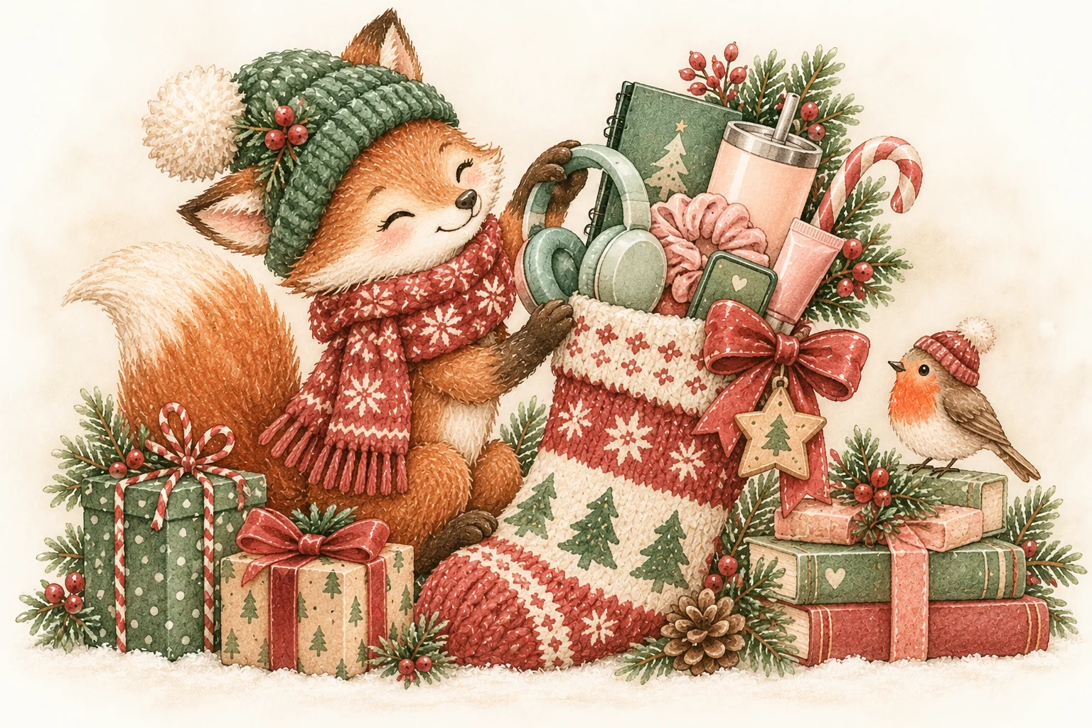 Watercolor illustration of a woodland fox in a green knit hat holding a stocking filled with headphones, a tumbler, and teen favorites