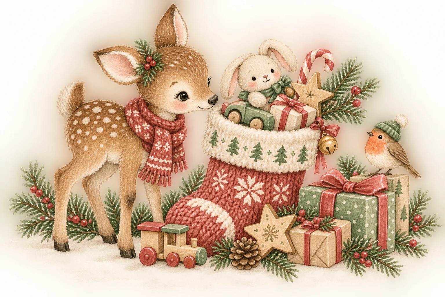 Watercolor illustration of a baby deer with a Christmas stocking filled with small gifts and treats